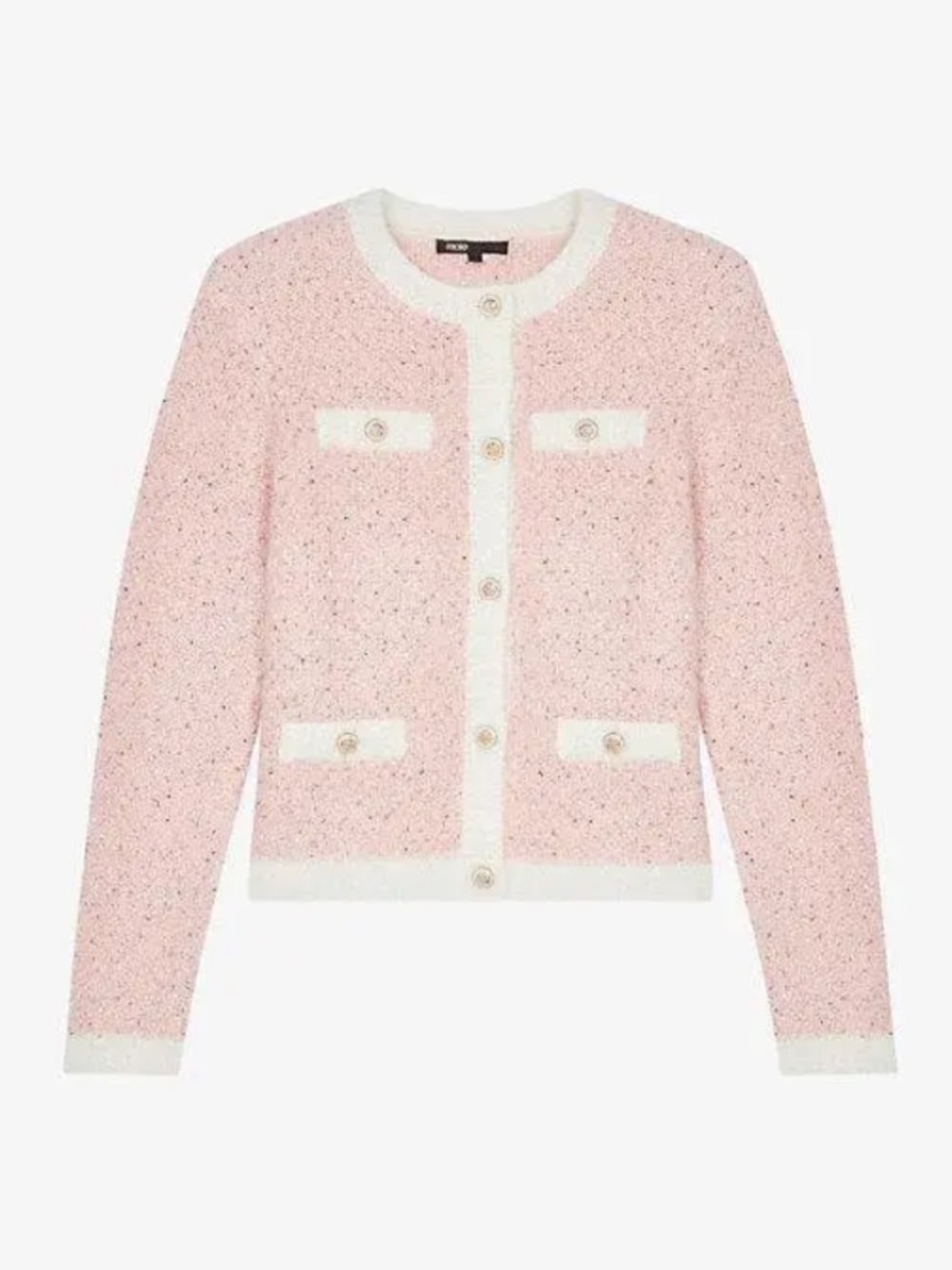 MAJE Pink Fancy Lurex Knit White Mohair Cardigan Sweater With Tags FR 1 = Small